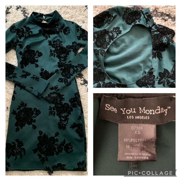 See You Monday Green Velvet Floral Turtleneck Long Sleeve Bodycon Dress XS NWOT - Picture 3 of 8